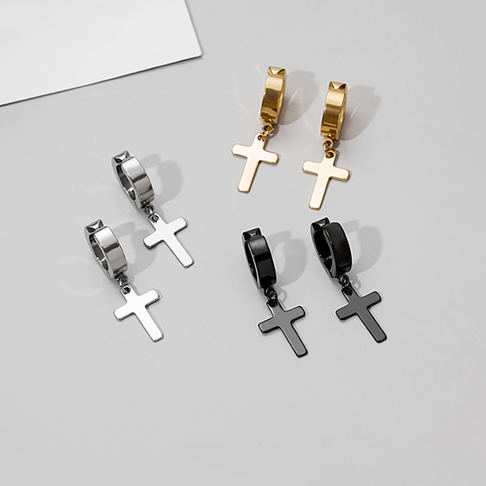 Anting Salib Bahan Stainless Steel Gaya Gothic Punk Rock Warna Emas Hitam Silver Untuk Pria Dan Wanita
