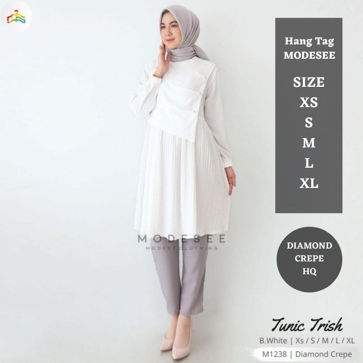 Modesee Tunik Putih Polos Wanita Muslim, Tunik Plisket Diamond M1238, Atasan Polos, Tunik Putih, Tun