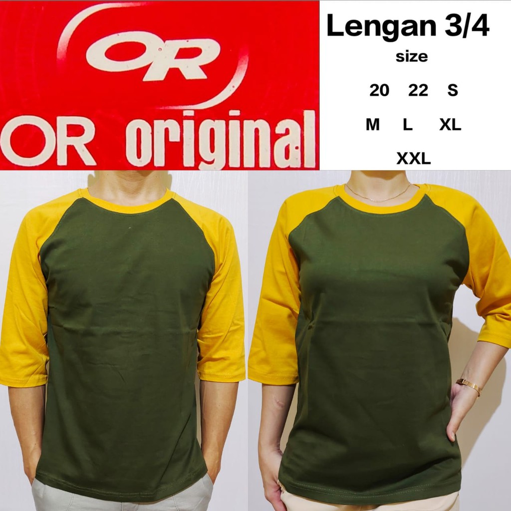 Kaos Polos Reglan Hijau Army Lengan Kuning Magnum 3/4 20 22 S M L XL XXL