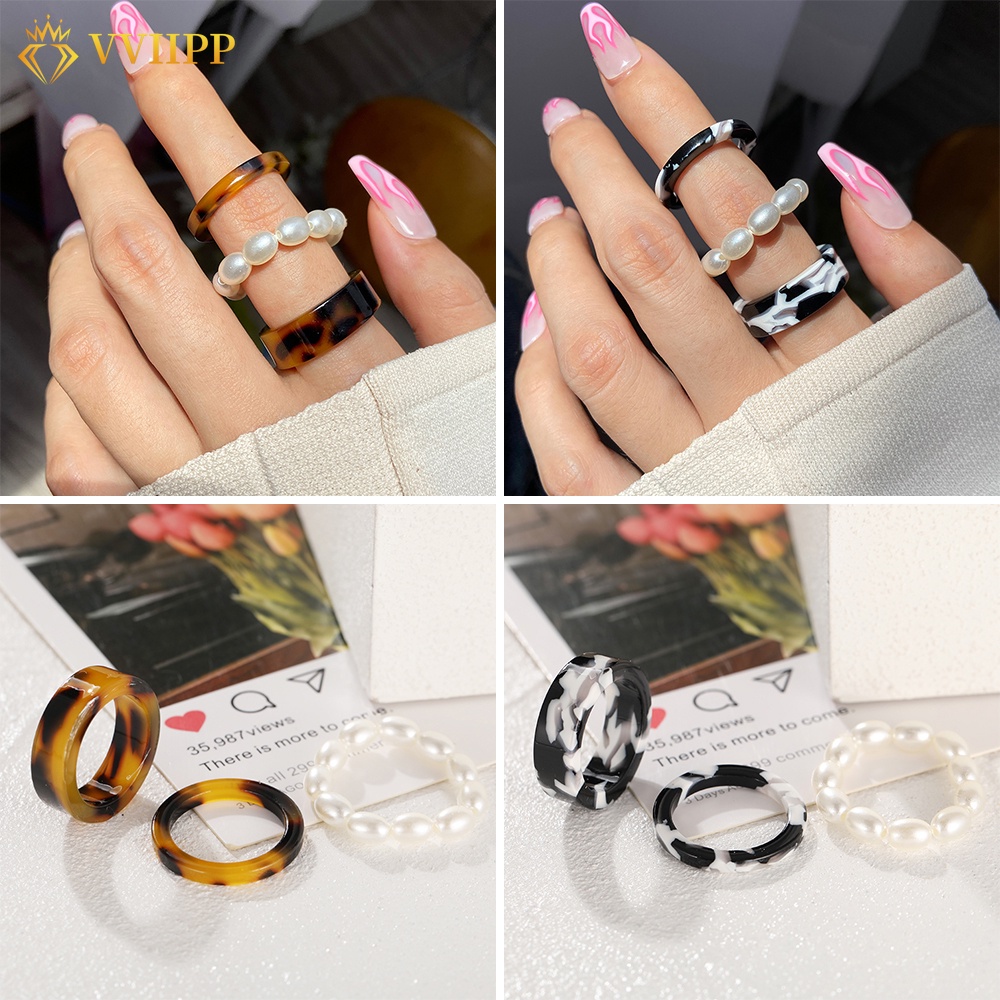 3Pcs/Set Retro Pearl Resin Ring Set Colorful Gradient Finger Rings Women Jewelry Accessories