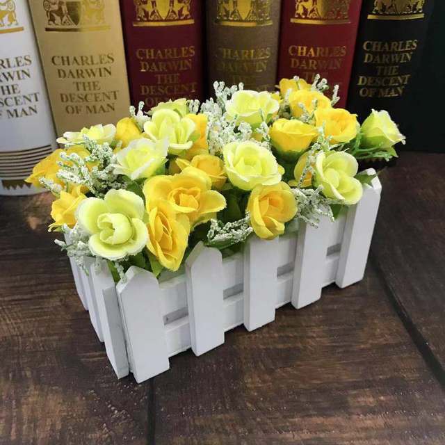 BUNGA PAGAR PUTIH VAS KAYU BENTUK PAGAR BUNGA MEJA BUNGA HIAS BUNGA PLASTIK BP8822-4