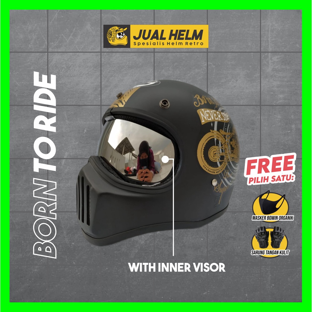 Helm Cakil HBC Born To Ride Black + Inner Visor ( Fullface / Retro / Klasik / Vespa )