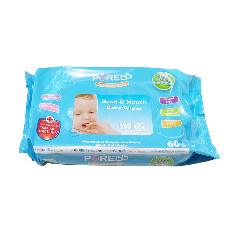 Pure BB Baby Wipes Hand and Mouth 60's Satuan / Tissue Basah ANTI Bakteri isi 60 pcs PREMIUM CARE