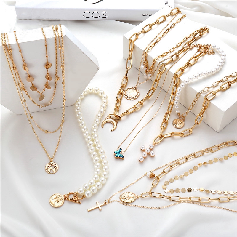 YEEZII Multilayer Fashion Gold Necklace Pearl Choker Cross Pendant Chain Women Vintage Jewelry Accessories Gifts