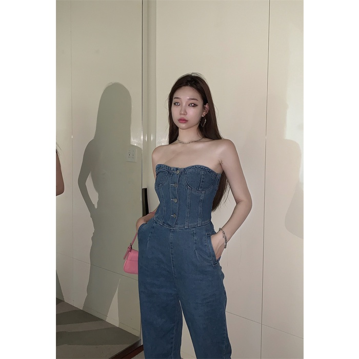 Gaya Korea Jeans Retro Lurus One Piece Jeans Wanita Musim Panas Tipis Gadis Panas Pinggang Tinggi Se