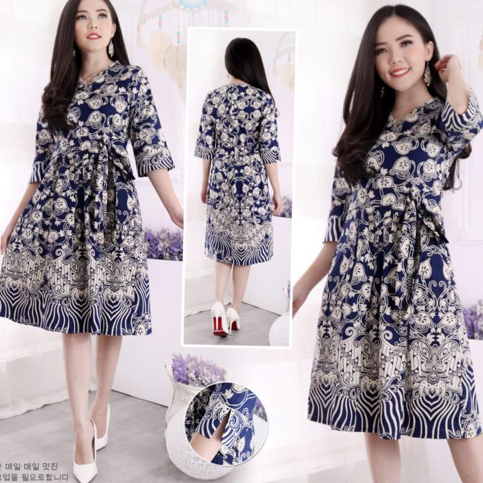 Baju Gaun Mini Dress Batik Wanita Modern Minidress Remaja Batik Kultur - Navy