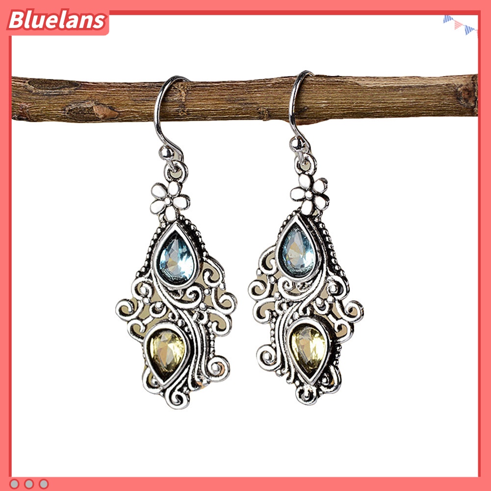 Bluelans Vintage Women Water Drop Rhinestone Flower Dangle Hook Earrings Jewelry Gift