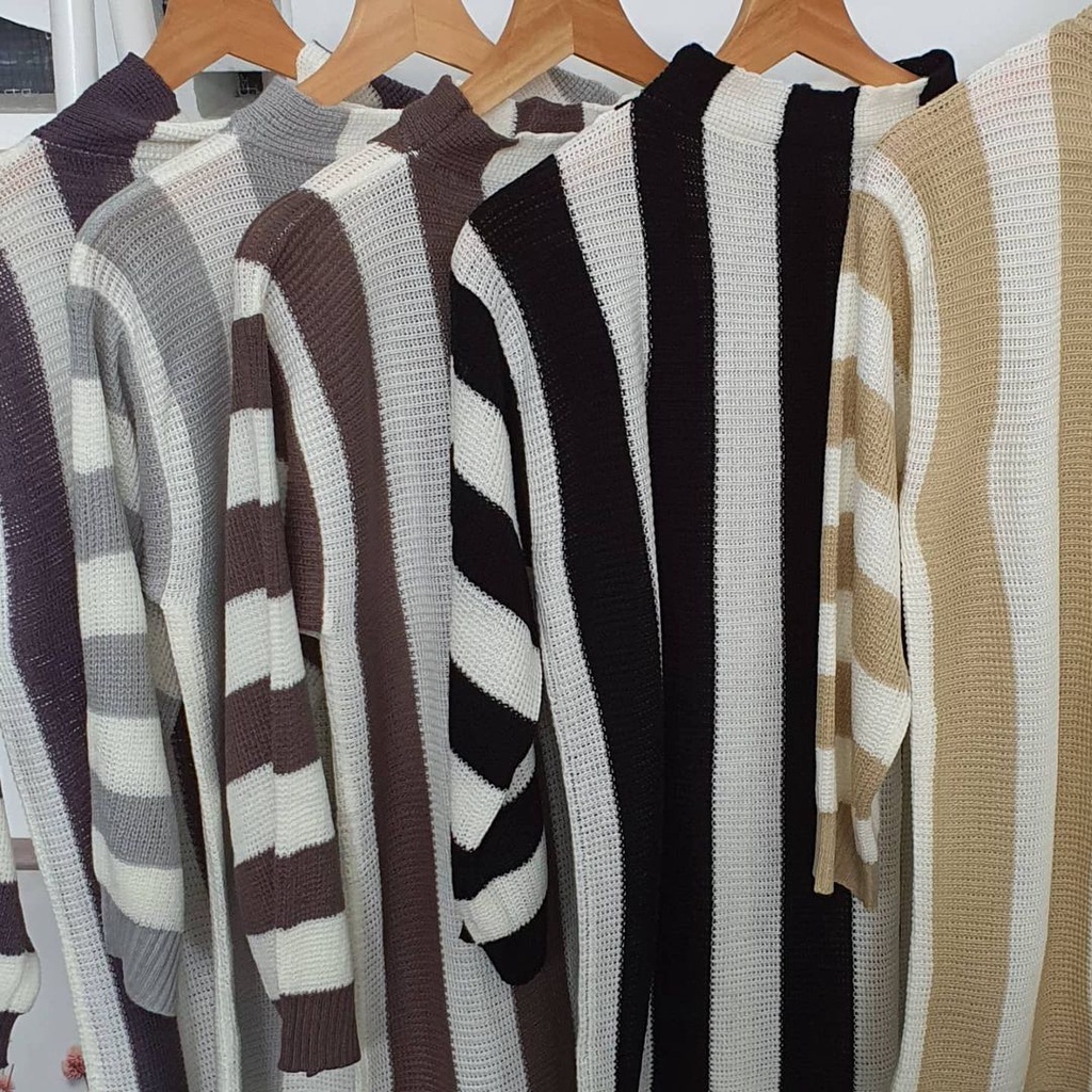 RAJUT BATWING ZEBRA BIG STRIPE SALUR KOMBINASI POLET SWEATER BLOUSE ATASAN WANITA OVERSIZE JUMBO PREMIUM FIT TO XXL