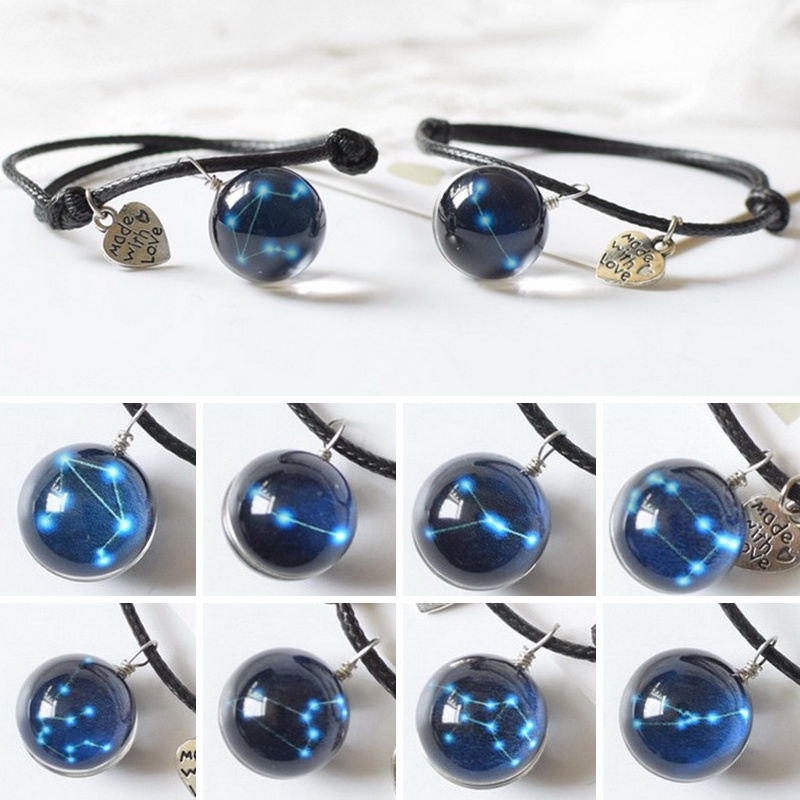 Gelang Tenunan Tangan adjustable Desain 12 Rasi Bintang Dan Tulisan love Untuk Pria Dan Wanita