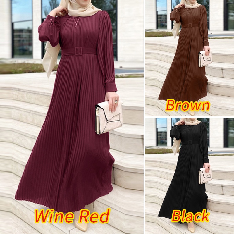 ZANZEA Women Fashion Casual Solid Color Long Sleeve O Neck Retro Muslim With Belt Maxi Dress
