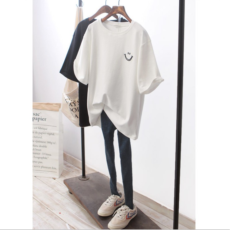 Atasan Wanita Kaos Lengan Pendek Kaos Wanita T-shirt Korean Style Motif Smile Longgar Big Size