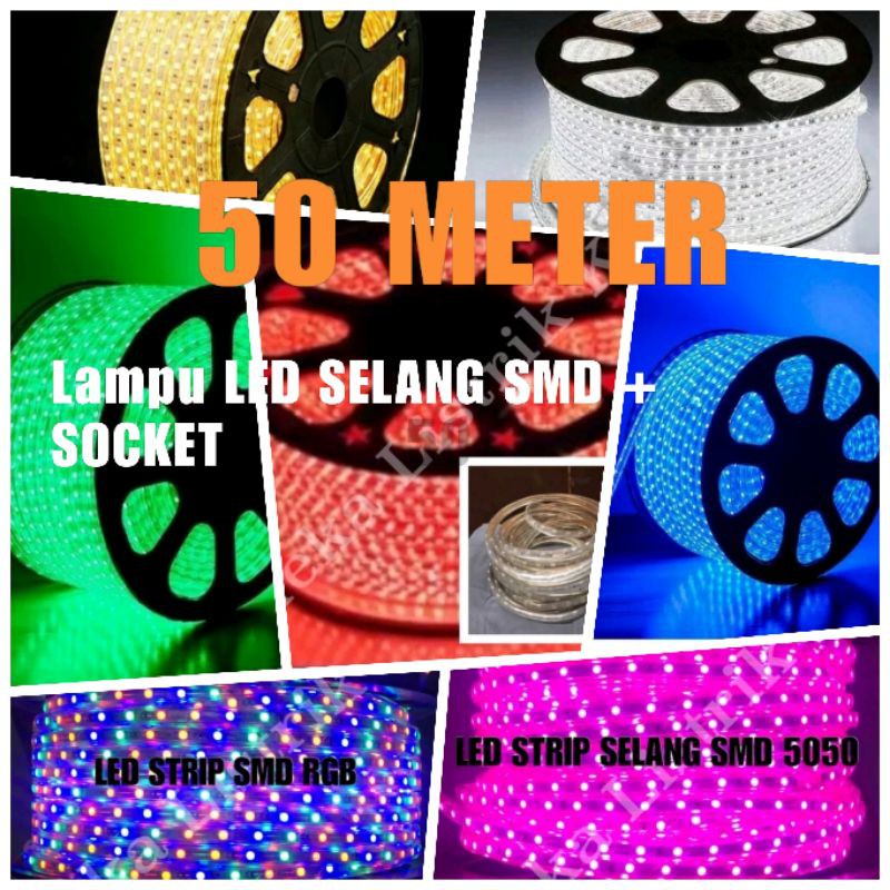 Lampu LED ROL STRIP SELANG SMD 5050 50M 220V OUTDOOR PUTIH KUNING BIRU HIJAU UNGU PINK MERAH RGB