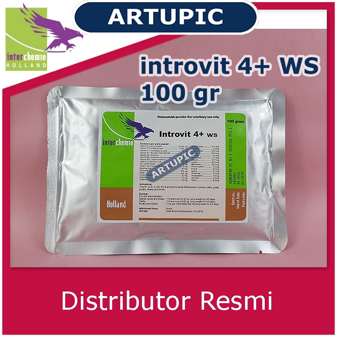 introvit 4+ WS 100 gr mempercepat pertumbuhan penambah berat badan meningkatkan produksi telur daya tahan tubuh mengatasi stres stamina kualitas daging telur susu pindah kandang stres cuaca Sapi Kambing Babi Ayam Domba