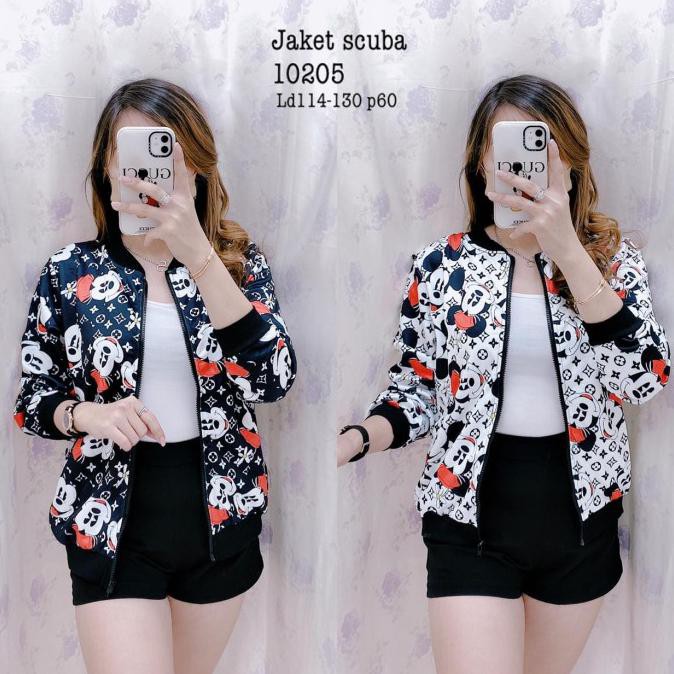 Jaket Wanita Motif Lv Mickey Mouse Scuba Import - Putih Lowienjan24