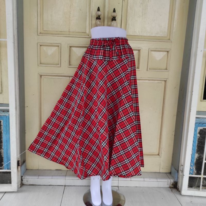 (BISA COD)ROK PAYUNG/ROK KATUN LEBAR/MOTIF BURBERRY-Merah