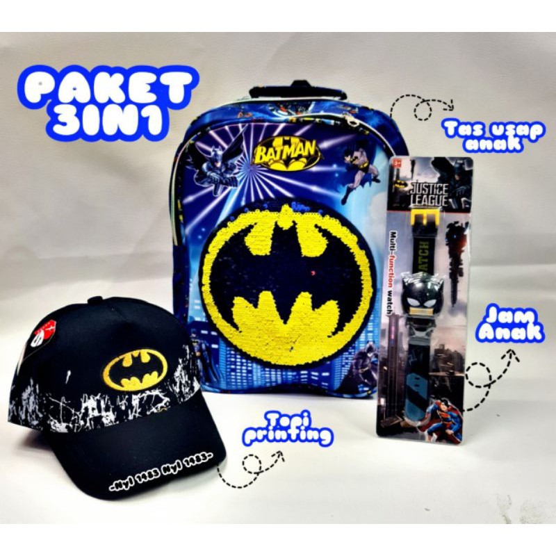 Tas ransel anak usap 2 gambar karakter superhero gratis topi jam tangan - Tas anak