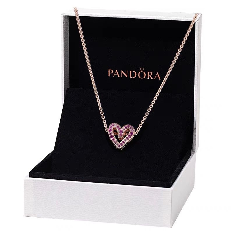 Pandora Kalung 925 Silver Rose Gold 18K Dengan Liontin Hati Aksen Berlian Kubik Zirkonia Untuk Wanita