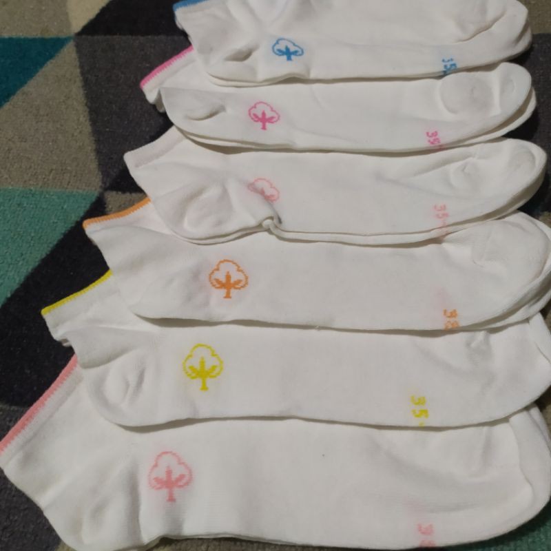 PROMO-12 PASANG KAOS KAKI PENDEK PUTIH LIST WARNA SEMATA KAKI WANITA/KAUS KAKI WANITA PUTIH