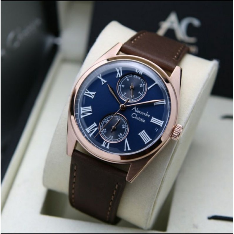 ORIGINAL GARANSI RESMI JAM TANGAN PRIA ALEXANDRE CHRISTIE ANALOG ROSEGOLD BLUE BROWN KULIT STRAP ARL
