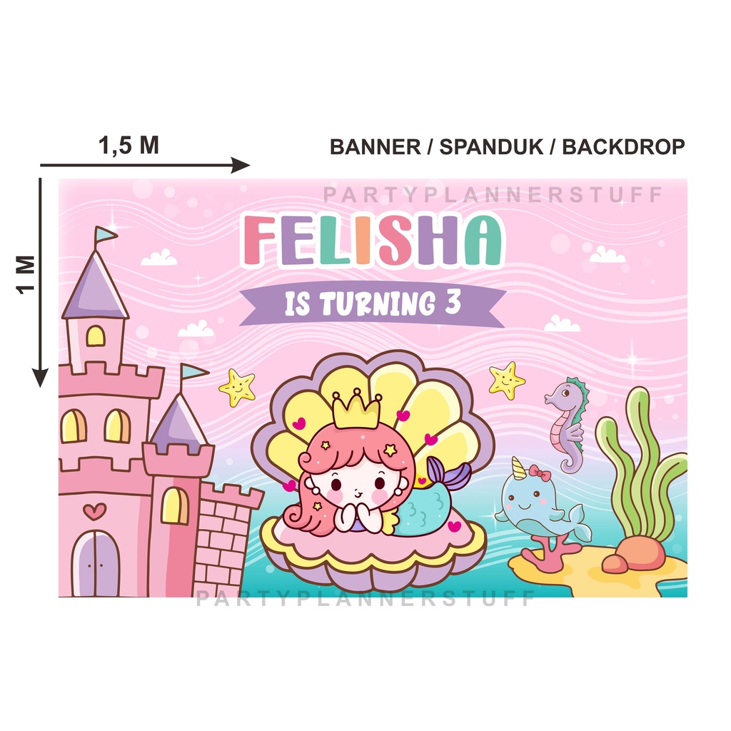 Spanduk dekor ulang tahun banner backdrop anak tema mermaid under the sea birthday banner ultah anak