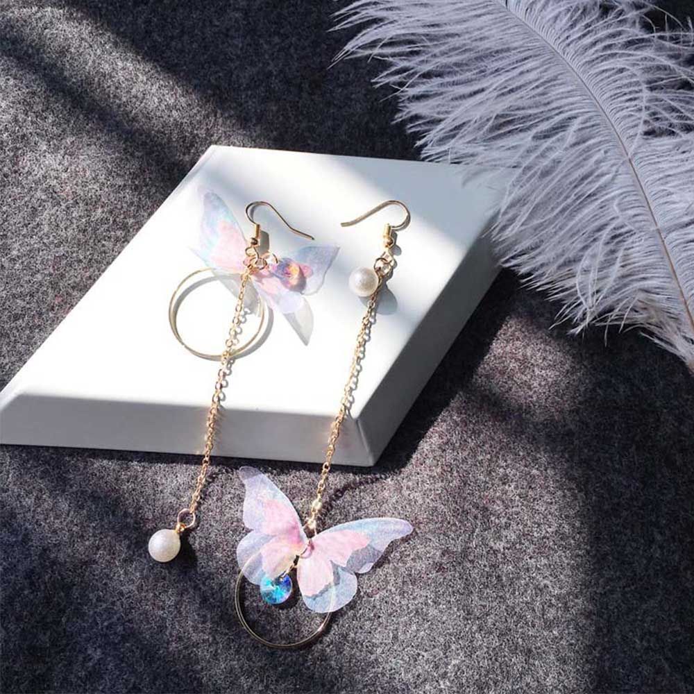 Needway  Retro Earrings Alloy Earrings Jewelry Imitation Pearl Asymmetrical Wings Long Exquisite Butterfly