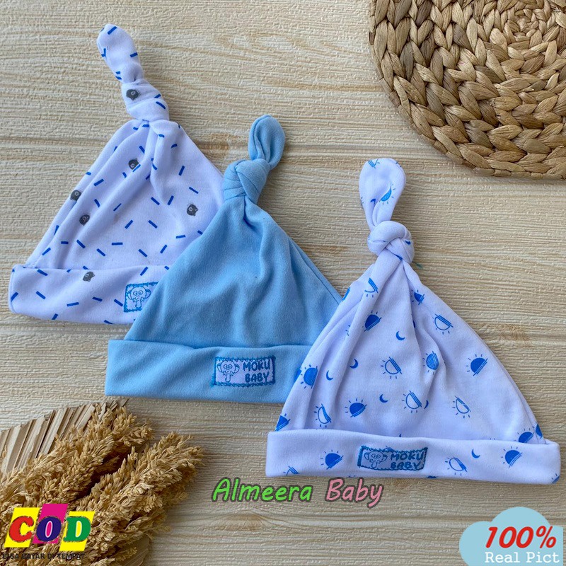 Isi 3 PCS Kupluk Bayi Baru Lahir Topi Bayi Baru Lahir Seri Biru Usia 0-3 Bulan Almeera Baby and Kids