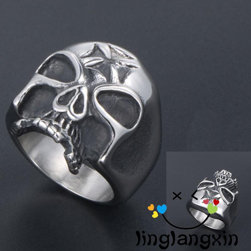 Llx-cincin Titanium Steel Desain Tengkorak Hollow Gaya Punk Vintage Untuk Unisex