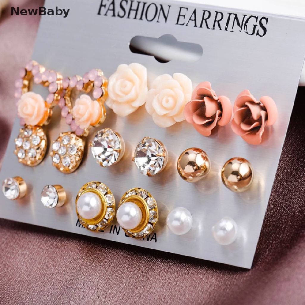 9 Pasang / Set Anting Stud Kristal Mutiara Bentuk Bunga Untuk Wanita