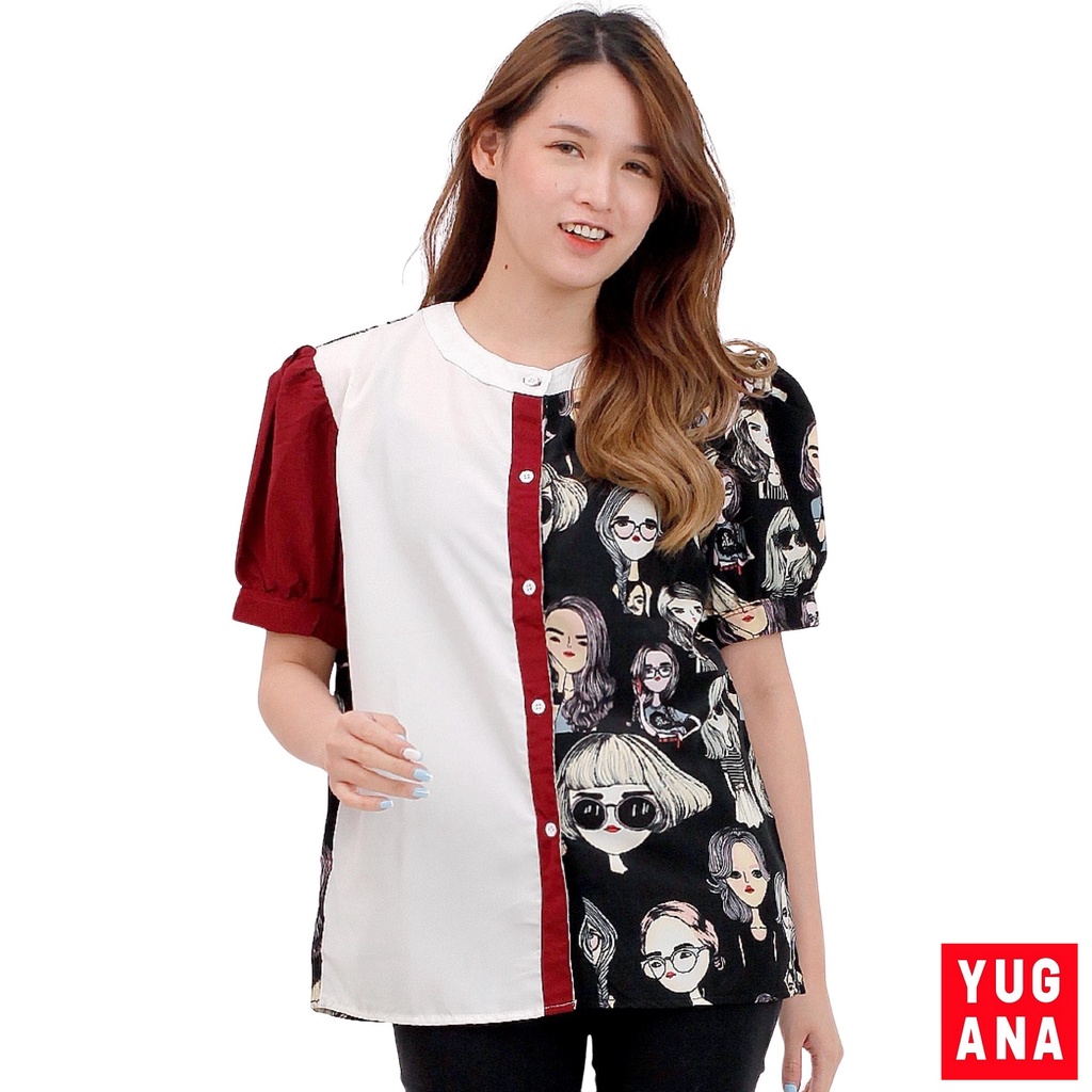 YUGANA - 601164 Blouse Wanita Lengan Pendek Puff Baju Cewek Warna Hitam Abu Maroon Navy Biru Putih