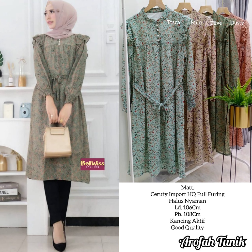 AROFAH TUNIK / 21.6 / BAHAN CERUTY / FULL FURING / LD 106 CM / PB 108 CM / BUSUI / BELLWIS