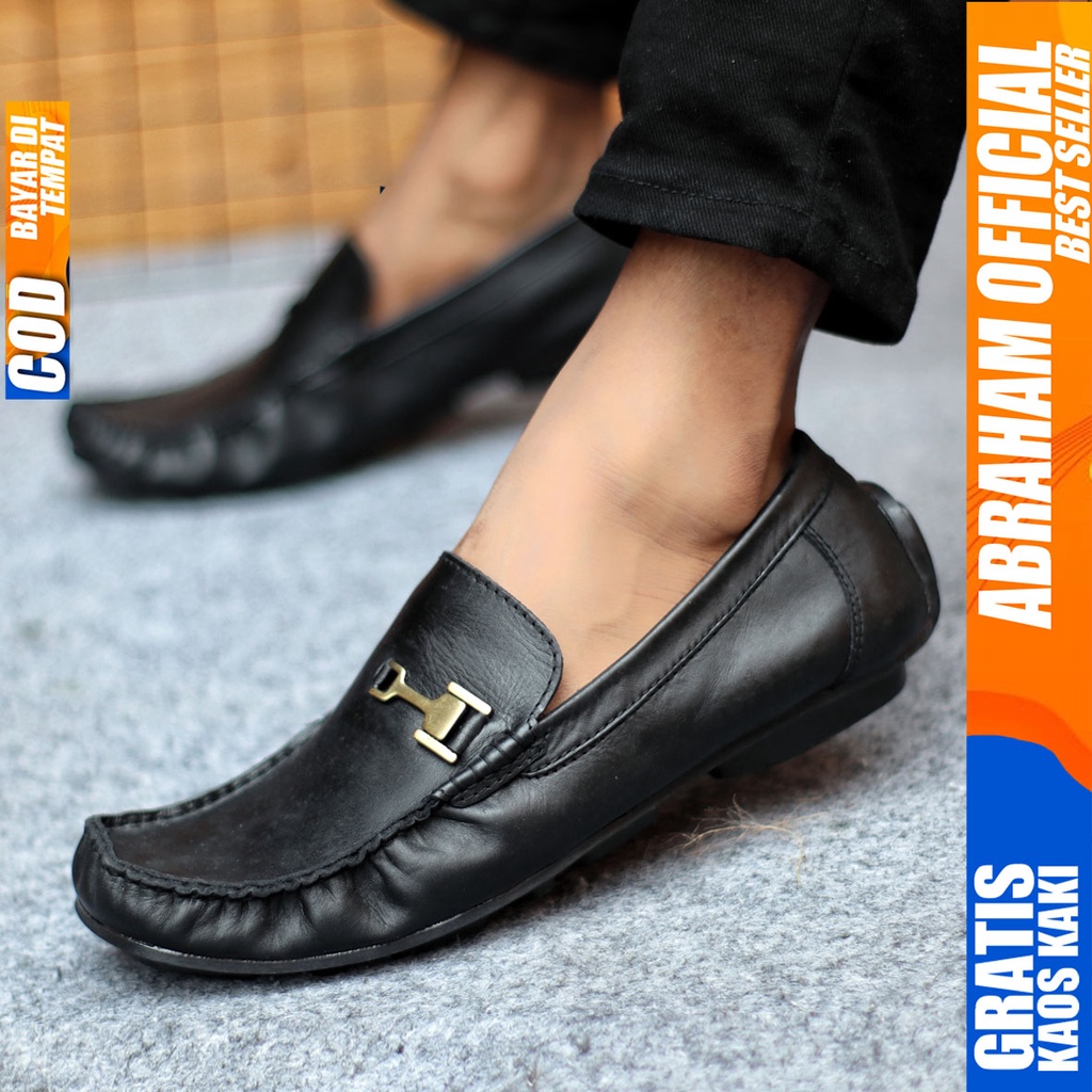 Sepatu Casual Pria Formal Slip On Pantofel Kulit Asli Kerja Kantor Kondangan Kuliah Hitam Fashion Shoes Terbaru Murah Kekinian Original MULIN ABRAHAM