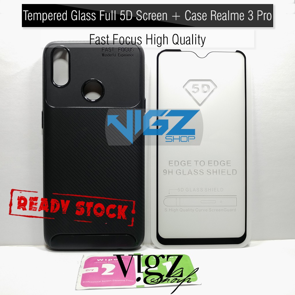 Tempered Glass Full 5D Screen Plus Case Silikon Realme 3 Pro Fast Focus 1 Set