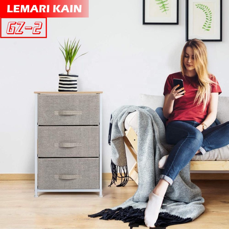 Lemari 3 Laci Kain Linen Lemari Sisi Ranjang Kuat Kokoh Lemari Serbaguna GZ-2