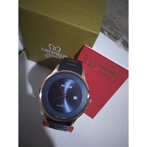 jam Mirage pria biru gold 8670 original tahan air