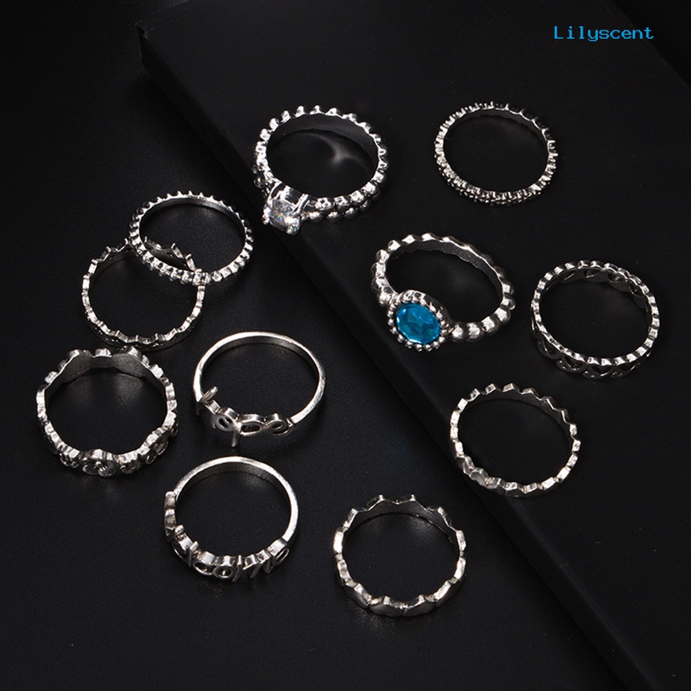 11pcs / Set Cincin Knuckle Desain Hati Hollow Aksen Zirkon Untuk Wanita