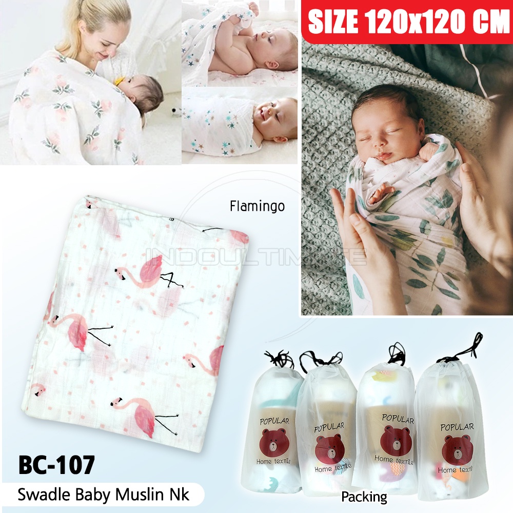 (120 x 120 CM) Selimut Kain Bedong Bayi Baru Lahir Muslin + FREE POUCH 100% BC-107 Katun Swaddle Baby New Born