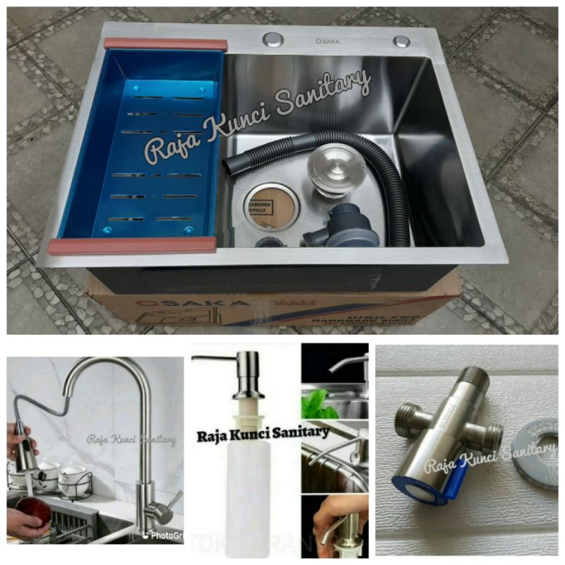 Paket Lengkap Kitchen Sink 6046+Kran Tarik Panas Dingin Stainless SUS 304+Tempat Sabun+Stop Kran