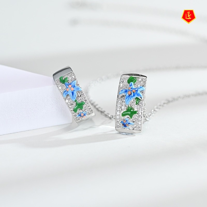 [Ready Stock]Flower Full Diamond Ring Earrings Pendant Set