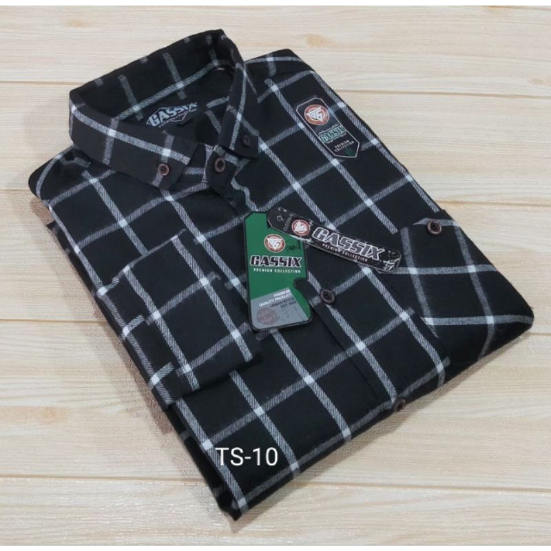 Hem Kemeja flanel Pria Lengan Panjang Slim Fit Garis kotak Putih