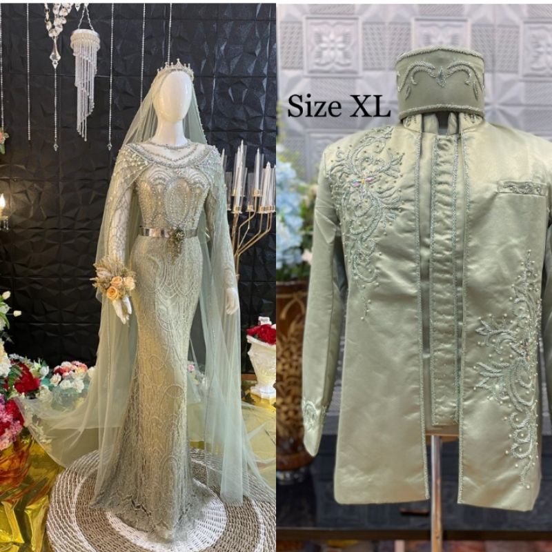 CAUPLE GAUN  PENGANTEN JUBAH MEWAH//GAUN SLIM DRESS/GAUN PASANGAN DESAINS TERBARU