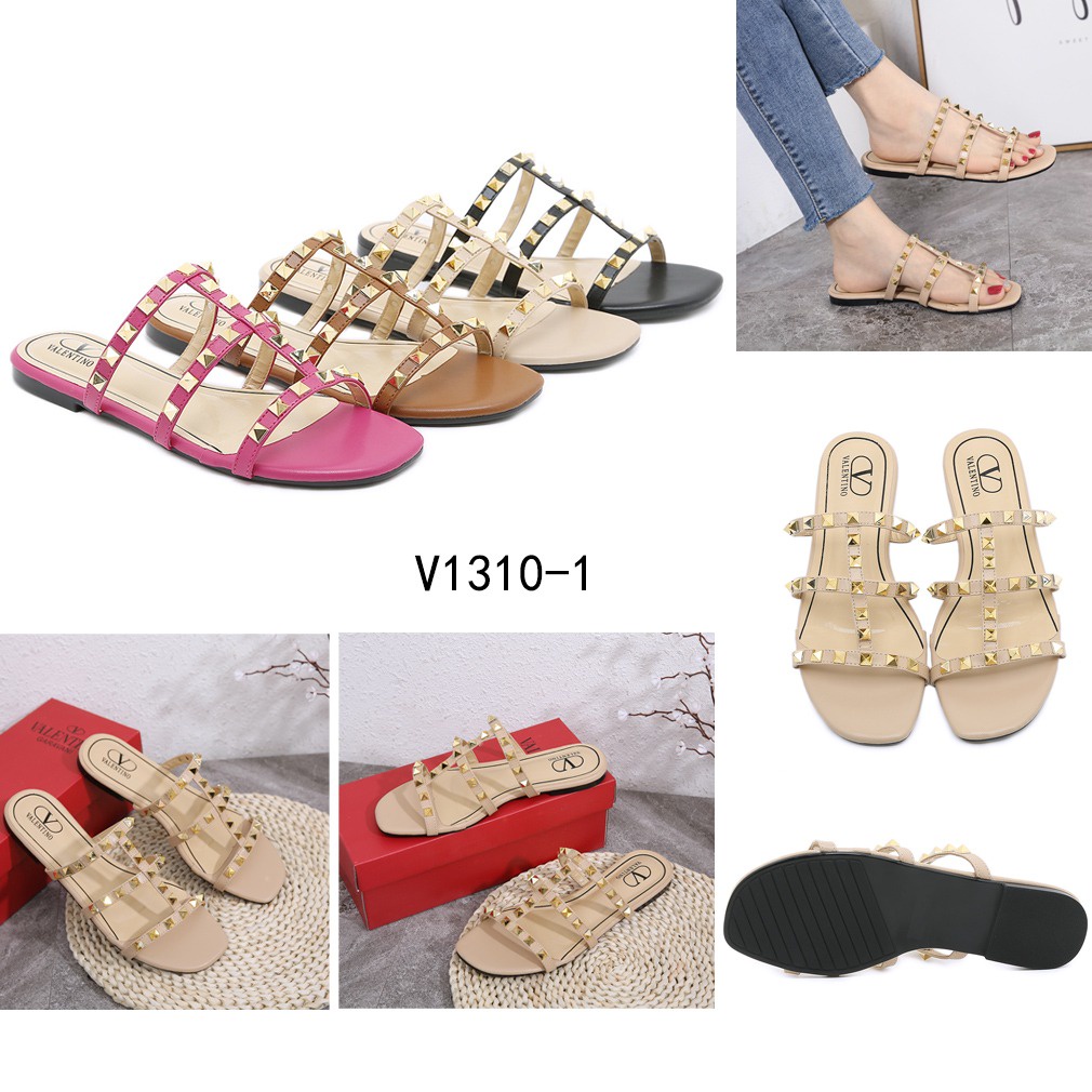 Leather Rockstud Flat Slides Sandals V1310-1