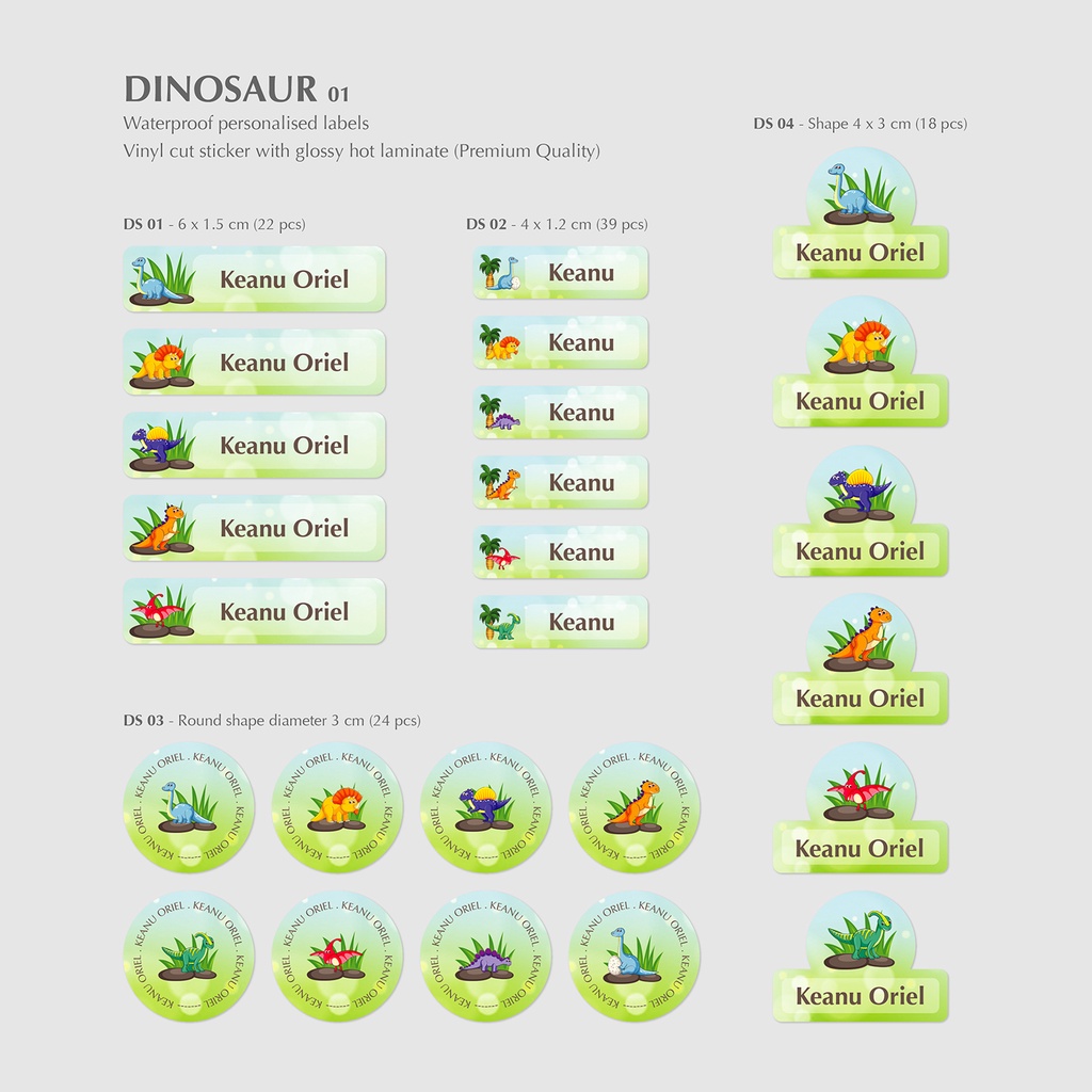 

DINOSAUR 01 / LABEL & STIKER NAMA / STICKER VINYL WATERPROOF (TAHAN AIR & ANTI SOBEK), CUTTING, LAMINASI GLOSSY / LABEL NAMA ANAK