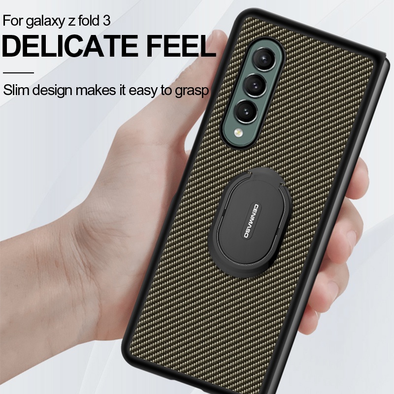 Casing Hard Case Carbon Fiber Ultra Tipis Shockproof + Ring Holder Untuk Samsung Galaxy Z Fold 3