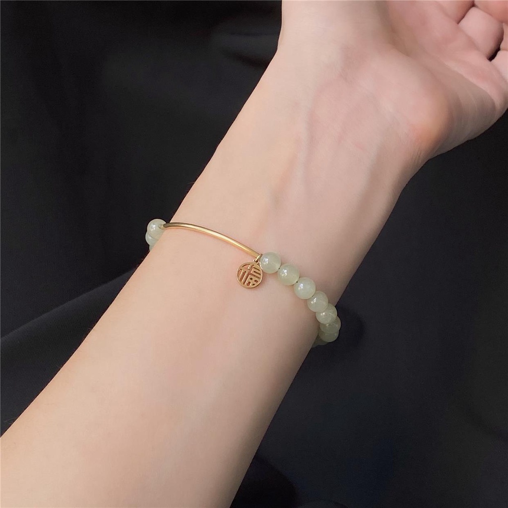 Gelang Bangle Manik-Manik Giok Hetian Alami Desain Asimetris Untuk Wanita