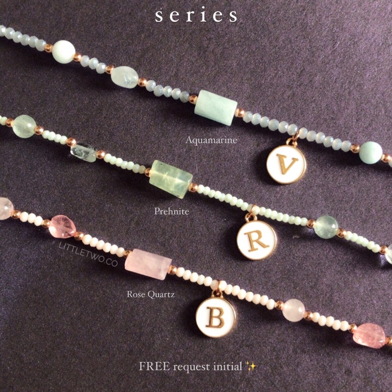 LITTLE TWO  Gelang Batu Rose Quartz Aquamarine Prehnite (free 1 huruf) - GYA Gelang Wanita Stainless Steal Anti Karat