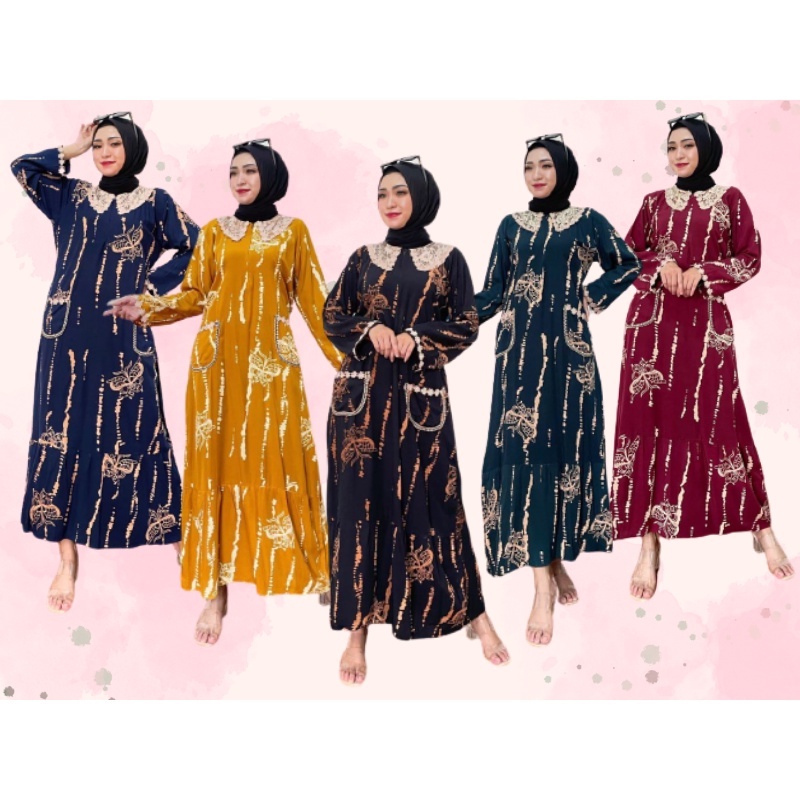 Daster Arab Kupu Rintik Longdress Wanita Dewasa Kekinian Terbaru 2021 2022 Bahan Rayon Lengan Panjang Ld 100 110 Model Arabian Renda Busui Resleting Motif Kupu Rintik Size L XL Murah Harga Grosir-6