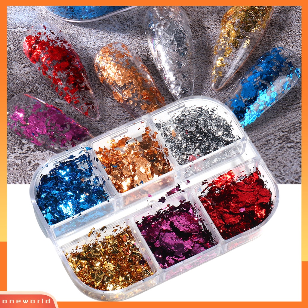 (ONWO) 6 Sekat / Kotak Stiker Foil Decal Kuku Motif Tekstur Berkilau Untuk Manicure / Nail Art