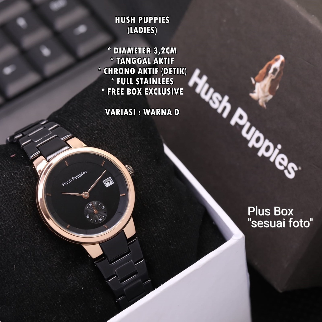 (FREE BOX) JAM TANGAN HUSH HUPPIES RANTAI BODY BULAT TANGGAL &amp; CHRONO AKTIF