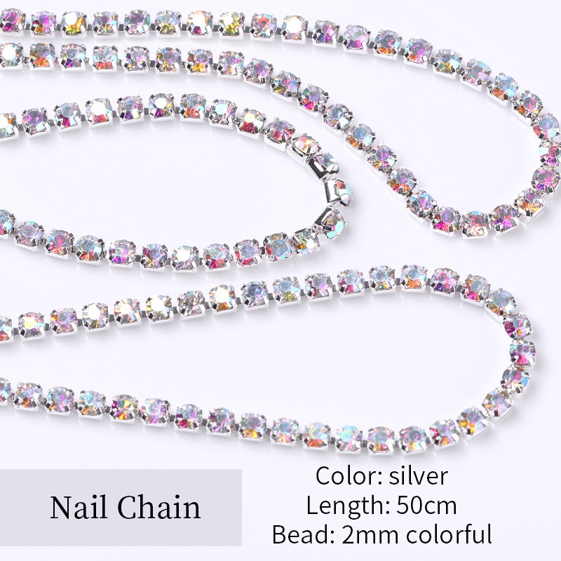 50cm Mutiara Rantai Kuku Berlian Imitasi 3D Logam Perak Kristal Pearl Chain Dapat Dipotong DIY Pesona Nail Art Dekorasi Aksesori