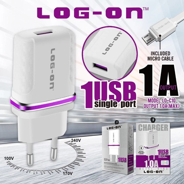 LOG-ON LO-C10 Charger 5V 1A 1USB Single Port Include MICRO USB &amp; LIGHTNING Cable Casan HP